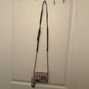 Leopard Print Crossbody Wallet with Floral Accent - Black/Beige